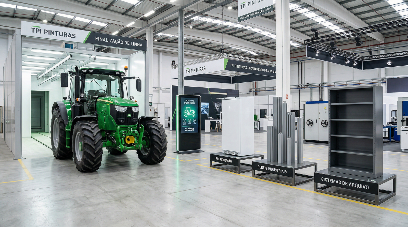 Imagem de destaque mostrando maquinário pesado agrícola freshly powder coated em ambiente B2B, ilustrando as Aplicações da Pintura Eletrostática a Pó em diferentes setores industriais.