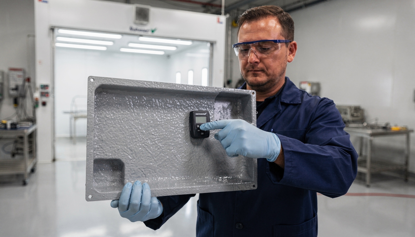 Diagnóstico técnico de problemas na pintura eletrostática, ilustrando o efeito casca de laranja e a gaiola de faraday em peça metálica industrial.