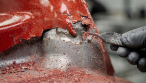 Problemas na Pintura Eletrostática: Guia de Diagnóstico 4 Falha de aderência e desplacamento em problemas na pintura eletrostática, onde o pó curado descasca da peça devido a pré-tratamento deficiente.