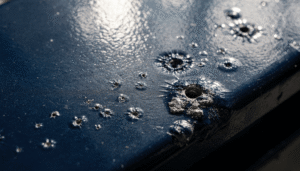 Problemas na Pintura Eletrostática: Guia de Diagnóstico 3 Microfuros e fervura em problemas na pintura eletrostática, com pequenas bolhas estouradas expondo o substrato metálico sob magnificação.