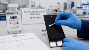 Como Garantir a Qualidade da Pintura Eletrostática: 5 Testes Essenciais 1 Teste de cura MEK solvente para validar a polimerização completa e qualidade da pintura eletrostática.