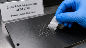 Como Garantir a Qualidade da Pintura Eletrostática: 5 Testes Essenciais 2 Teste de aderência corte em grade para avaliar ancoragem e qualidade da pintura eletrostática conforme normas ASTM.